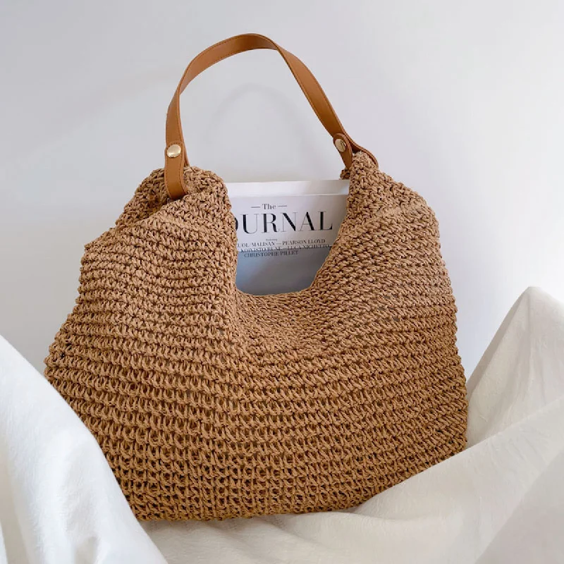 Elena Handbags Straw Woven Tote with Leather Straps