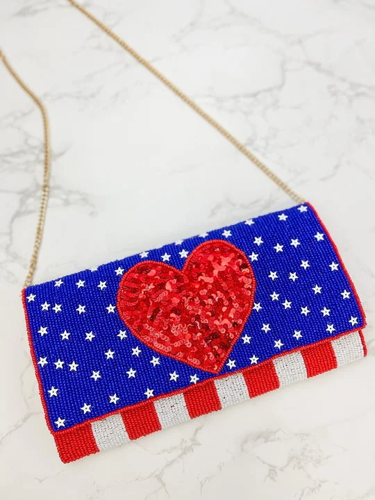 USA Heart Sequin Crossbody Chain Clutch