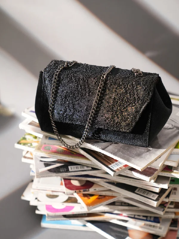 Women Ethnic Black Embellished Sling Bag With Magnet Lock