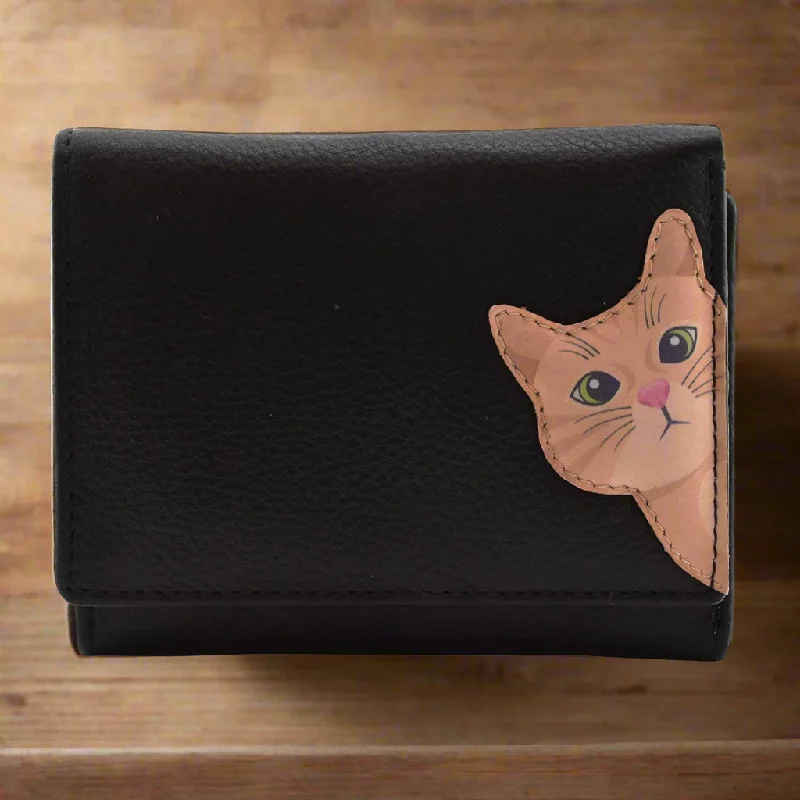 Mala Leather Cleo the Cat Small Tri Fold Cat Purse Black