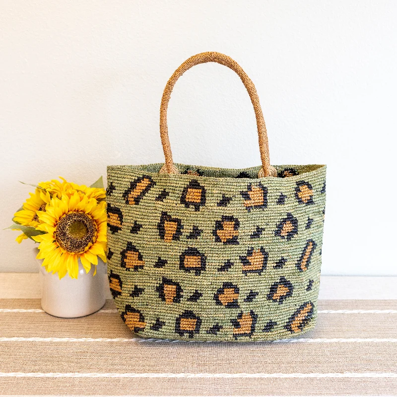 Elena Handbags Green Leopard Design Raffia Summer Tote Bag