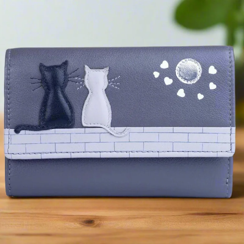 Mala Leather Midnight Cats Tri Fold Purse Grey