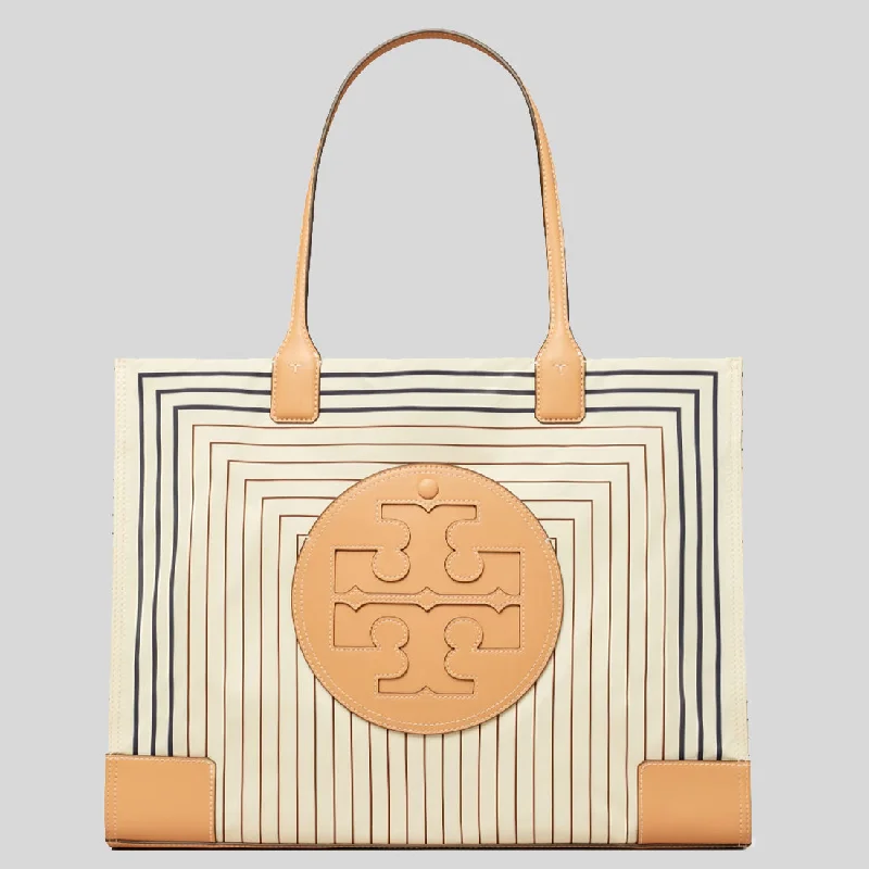 TORY BURCH Ella Printed Tote Bag Box Stripe/Natural Vachetta 88237