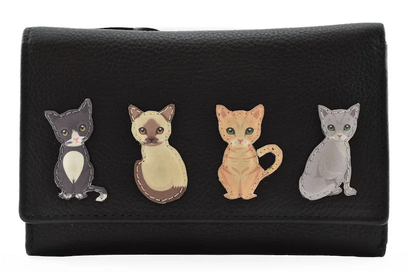 Mala Leather Best Friends Sitting Cats Tri Fold Purse Black