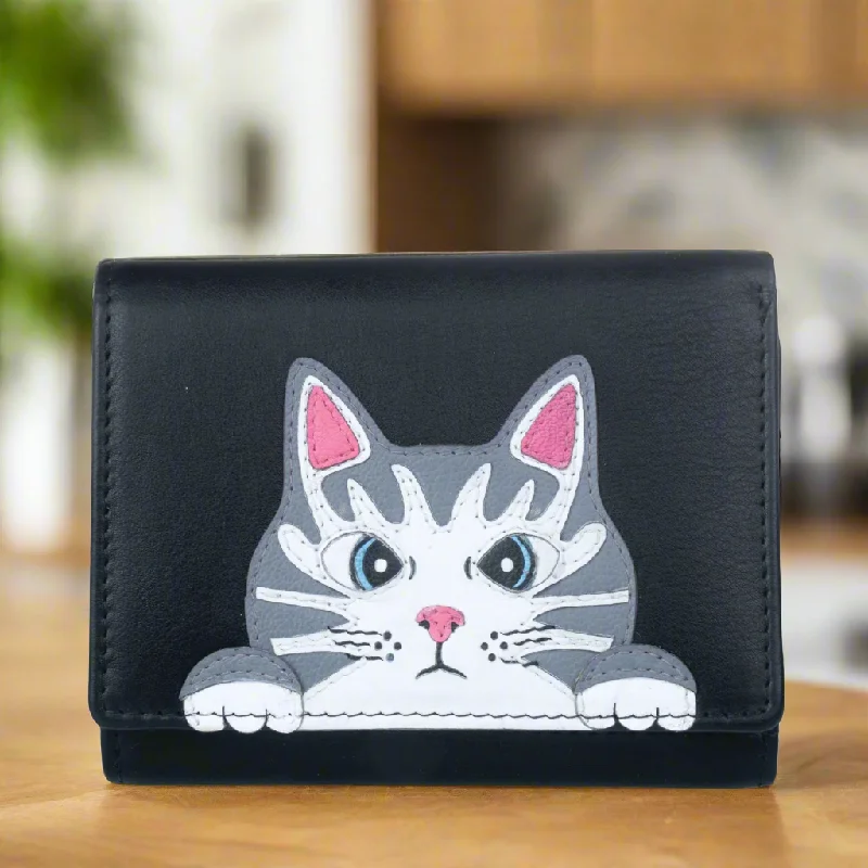 Mala Leather Victor the Cat Compact Tri Fold Purse Black