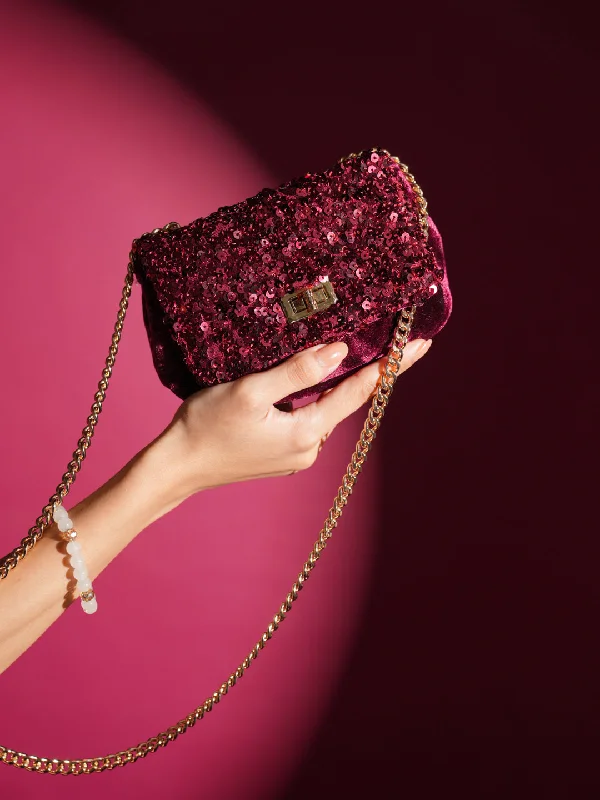 Women Ethnic Maroon Embellished Sling Bag With Twist Lock