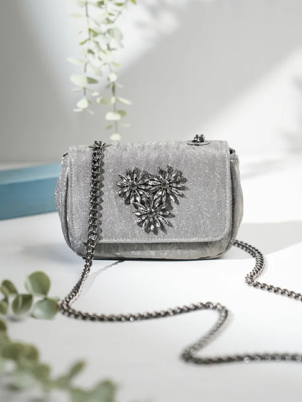 Women Ethnic Grey Embellished Sling Bag With Magnet Button Lock